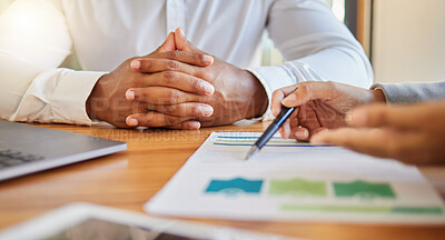 Buy stock photo Business people planning with paper in meeting at work, team working on finance strategy with data and collaboration for marketing discussion in office. Hand of employee in conversation with document