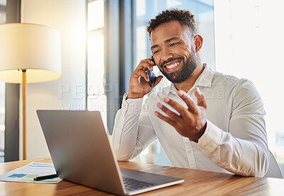 Buy stock photo Business, corporate and client deal phone call of a businessman working at an office computer. Sales marketing business man with a smile happy about career success, b2b bonus or executive promotion