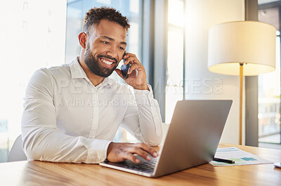 Buy stock photo Management, planning and networking phone call by happy business man. Talking to client while working on a laptop in corporate office. Professional worker checking an online calendar for appointment