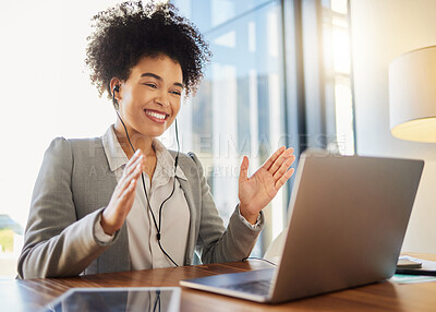 Buy stock photo Webinar meeting, video call with business woman on laptop doing digital work presentation in office lens flare. Happy success corporate worker with smile in zoom meeting for global technology company