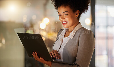 Buy stock photo Business woman doing research on the internet with a laptop in a corporate modern office. Working lady browsing website or reading a finance blog on a computer. Happy female networking on technology.