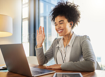 Buy stock photo Laptop webinar, workshop training and business meeting on global zoom call in office or conference room. Happy smile woman waving and greeting on video conference tradeshow presentation or interview