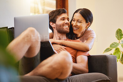 Buy stock photo Happy and relax couple with a laptop on the sofa, live streaming movies or social media content with internet or home wifi in a living room. Love and smile of young man and woman on a couch together