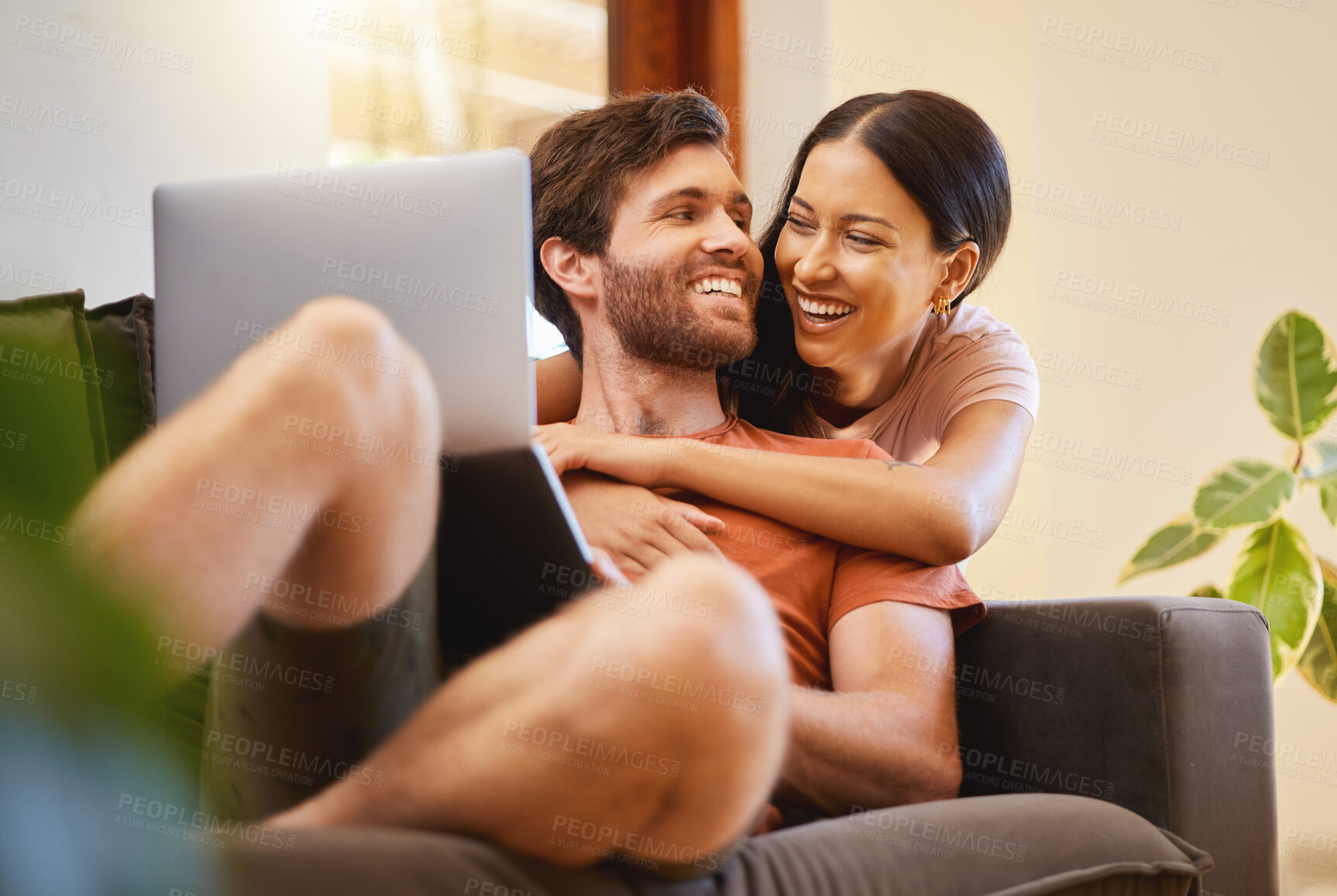 Buy stock photo Happy and relax couple with a laptop on the sofa, live streaming movies or social media content with internet or home wifi in a living room. Love and smile of young man and woman on a couch together