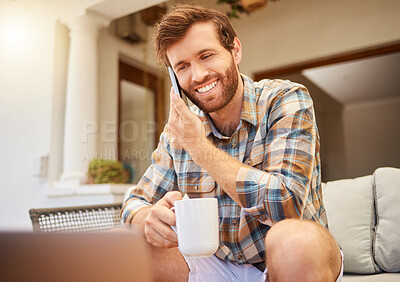 Buy stock photo Communication, coffee and man with phone on sofa to relax in living room. Success, internet and working from home with tea. Happy man sitting, relaxing with a laptop and on mobile call on the weekend