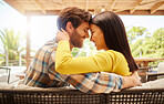 Happy, smile and love couple relax in home backyard patio in sun together outdoor. Young people, partner date and content man and woman in safe, intimate and care relationship with hug and happiness