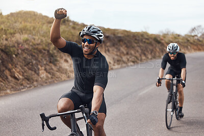 Buy stock photo Winner, celebrating and winning cyclist cycling with his friend and racing outdoors in nature. Victory, joy and happy bicycle rider exercising on a bike for his workout routine on the road