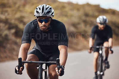 Buy stock photo Training, energy and fitness with cyclists exercise on bicycle outdoors, practice speed and endurance. Athletes riding together, prepare for marathon or competition while enjoying cardio workout