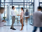 B2B, thank you or handshake business people shaking hands after success deal, welcome or hiring new corporate worker. Office colleagues celebrate a successful partnership during job interview