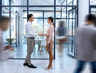 Buy stock photo B2B, thank you or handshake business people shaking hands after success deal, welcome or hiring new corporate worker. Office colleagues celebrate a successful partnership during job interview