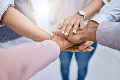 Buy stock photo Diversity, teamwork hands or community goal for success vision, innovation or motivation with business people, men or women. Zoom closeup of global collaboration workers group in support trust circle