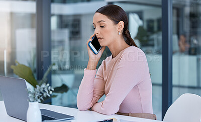 Buy stock photo Corporate employee phone call with client, reading calendar on laptop and working in office. Young professional assistant planning and schedule appointment. Worker multitasking, efficient, proactive