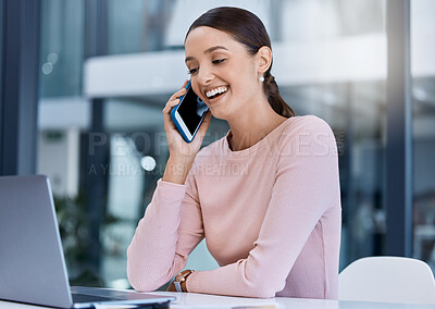 Buy stock photo Office business woman on phone call, laptop with smile success or online communication for contact us or company website. Corporate professional worker networking with internet smartphone technology