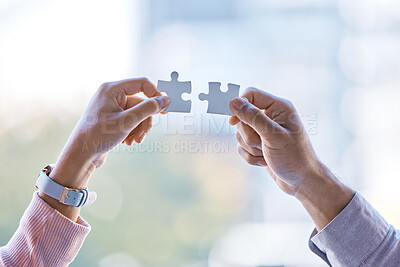 Buy stock photo Puzzle, collaboration and teamwork between business people hands after business meeting for partnership, contract or merger. Vision, Innovation and corporate success after team work b2b strategy deal