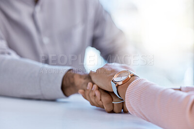 Buy stock photo Cancer, trust and support holding hands, woman showing compassion and kindness after bad news. Female comfort male health crisis after results or diagnosis. United people show affection in hard time