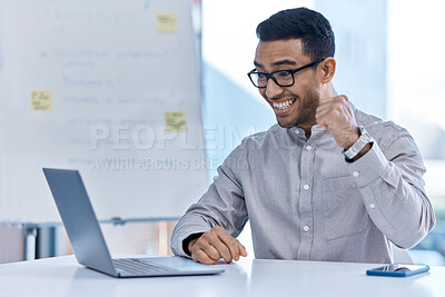 Buy stock photo Happy businessman on a laptop doing a celebration reading email for finance investment profit after success with online deal. Male trading manager or worker excited or joyful after stock market bonus