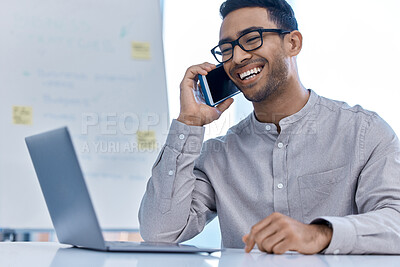 Buy stock photo Comic businessman communication, talking and mobile call on a phone at a office computer. Phone call of laughing, happy and funny working corporate business man worker with a smile on a work break