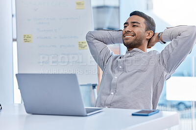 Buy stock photo Success, happy and relax business man content on a work break at his office computer. Corporate fintech businessman professional thinking about a trading career idea, salary bonus or job promotion