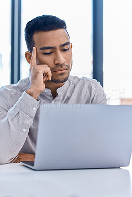 Buy stock photo Thinking, idea development and business strategy of a businessman working at a office computer. Corporate finance worker focus and attention planning b2b investment growth and company job analytics