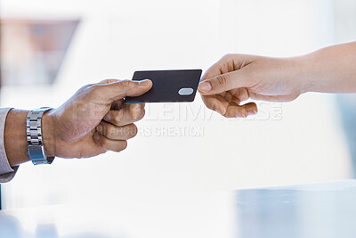Buy stock photo Corporate hands exchange credit card to accountant for payment for company tax bills, money loan and accounting fees. Businessman with banking card to invest in financial savings budget investment