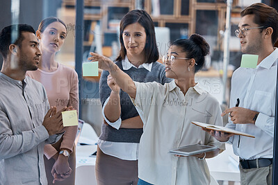 Buy stock photo Business people planning, strategy and project management training in teamwork collaboration and innovation meeting. Corporate manager, leader, group of employee or team working on idea with post it