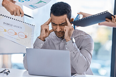 Buy stock photo Stress, headache or burnout manager from employee paper, phone or laptop review schedule. Tired marketing guy with anxiety, frustrated mental health overworked with office worker deadline pressure