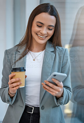Buy stock photo Business woman communication on phone with social media app, web internet technology and coffee cup break in startup company. Happy, smile and content office worker reading funny mobile notification