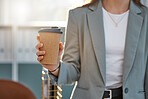 Coffee, business hand and work break for walking pedestrian woman on lunch, breakfast or tea stop in city, town or downtown. Zoom on takeaway cup for motivation routine or morning public work commute