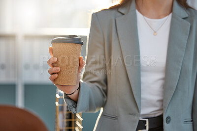 Buy stock photo Coffee, business hand and work break for walking pedestrian woman on lunch, breakfast or tea stop in city, town or downtown. Zoom on takeaway cup for motivation routine or morning public work commute
