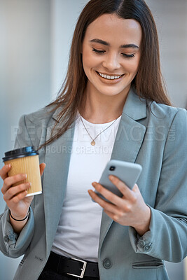 Buy stock photo Happy business woman on social media with phone and smile with cup of coffee in the office. Company employee reading a funny meme, text or comedy video on the internet and work email online on mobile