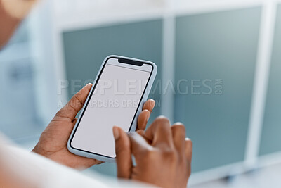 Buy stock photo Phone, mock up and search space for b2b marketing, company website or kpi data. Zoom on business woman or office worker building startup logo brand, contact us crm mockup or digital social media app