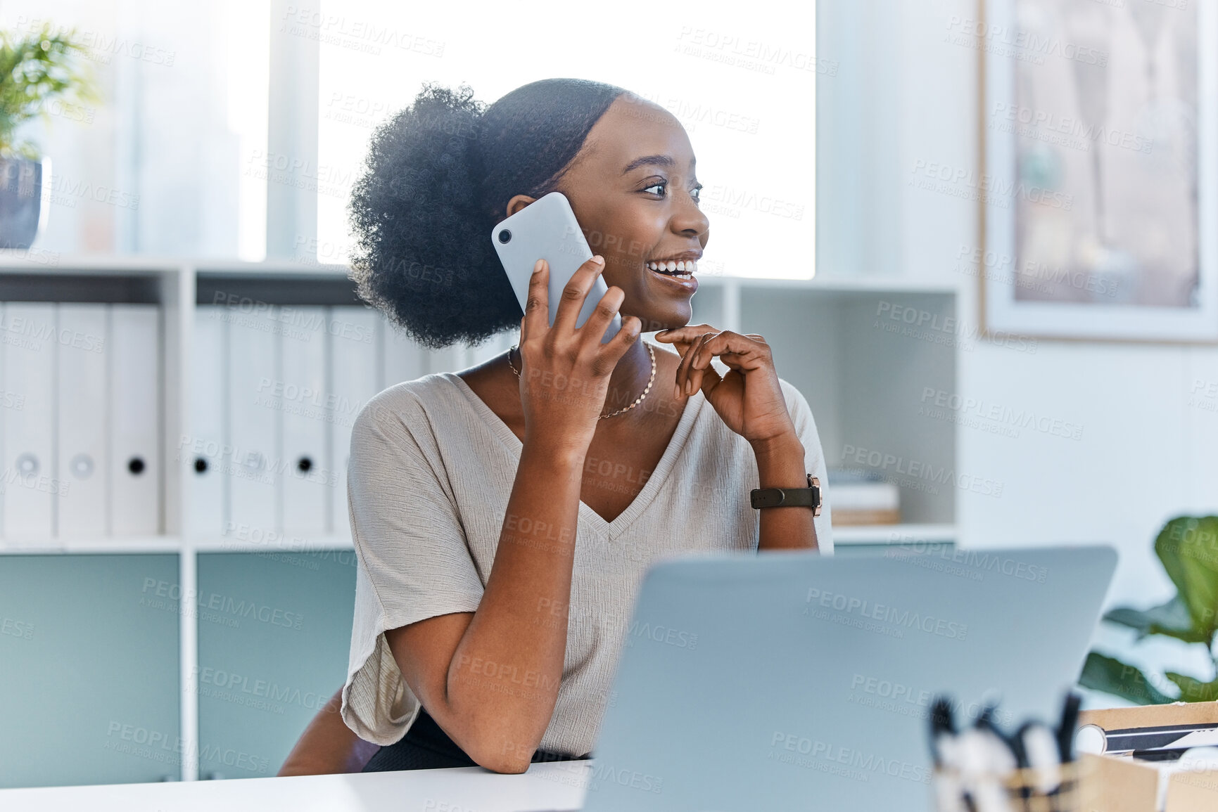 Buy stock photo Corporate black woman on smartphone or phone call in office talking with company manager on company success. Happy business woman or girl boss on 5g digital mobile in communication with management