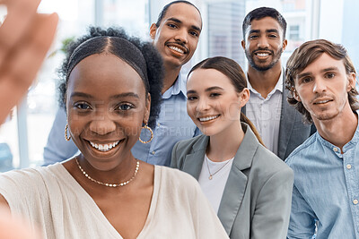 Buy stock photo Diversity team selfie, happy together and support with a group of business people and professional colleagues. Portrait of a fun, playful and smile corporate group of employee in an office together