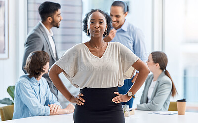 Buy stock photo Leadership, motivation and corporate black woman leader in a business meeting with happy team in office. Power female leading discussion of goal or mission, sharing strategy and planning with vision