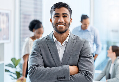 Buy stock photo Coaching, motivation and happy, proud business leader in meeting with diverse colleagues in an office. Portrait male smiling during training with workers, discussing improvement and strategy planning