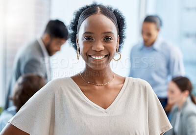 Buy stock photo Business woman with smile at company office, leadership of teamwork and happy of planning for success at work. Portrait of face of a manager, employee or worker working in meeting and collaboration