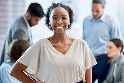 Buy stock photo Happy portrait, smile and business woman with new job opportunity in creative office with team diversity and global men or women. Marketing agent working in startup company with motivation and vision