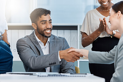 Buy stock photo Collaboration, teamwork and motivation handshake by business partner meeting and greeting in corporate office. Diverse colleagues celebrating a startup goal or vision, united on mission for success