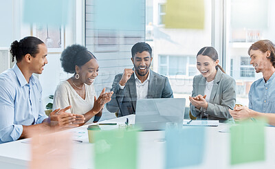 Buy stock photo Applause, celebrating and winning market team of employees with good news during a meeting in a boardroom. Happy business people looking at a laptop and clapping hands in victory in an office