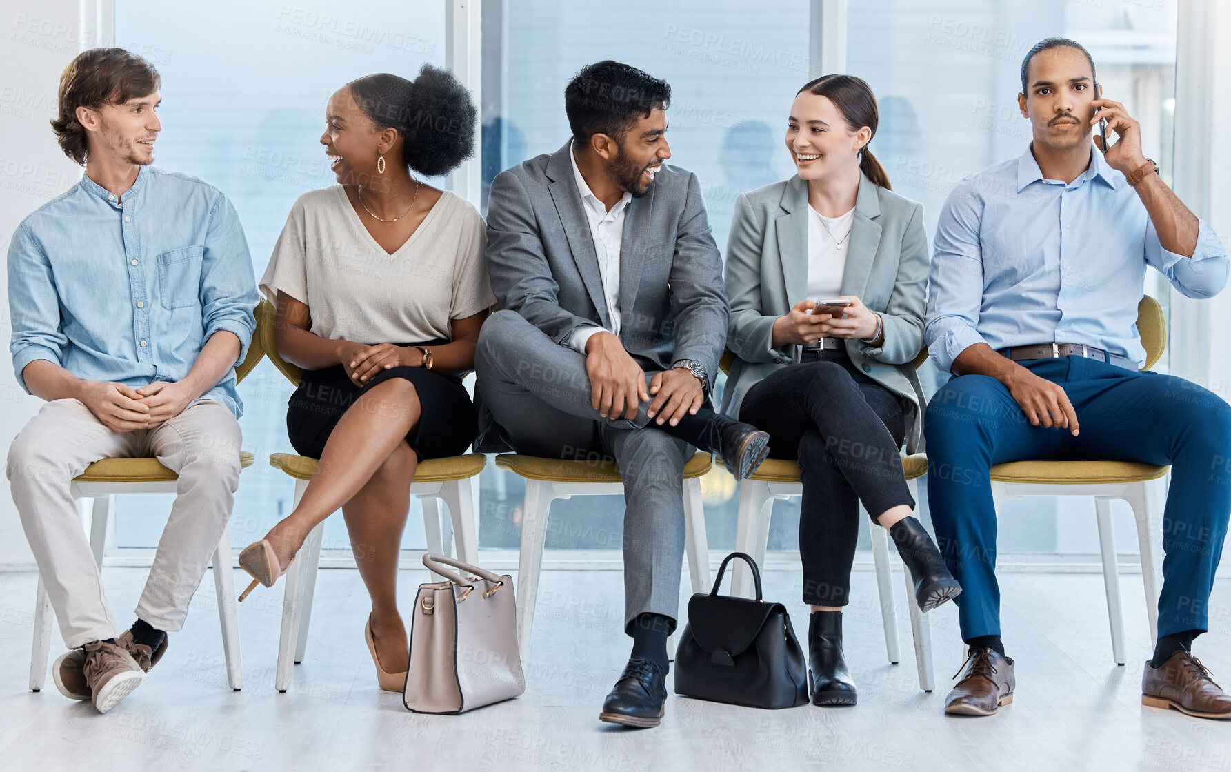 Buy stock photo Business communication, team conversation and talking of corporate staff waiting for an interview. Happy discussion of office workers on lunch relax before a job recruitment and hiring opportunity 