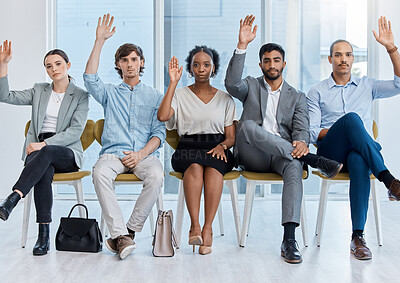 Buy stock photo Hands of business people asking questions in seminar conference at work, voting for strategy and solution to problem in meeting at company. Portrait of corporate employees in collaboration as team