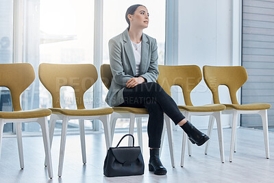 Buy stock photo Stress, unemployed and job search woman looking to be hired at interview at corporate company. Anxiety, thinking and doubt with female struggling to find work and suffering from motivation burnout