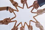 Peace, teamwork and support or collaboration of business people hands or finger as symbol of their partnership and trust. Diversity, friends and corporate company workers making star working together