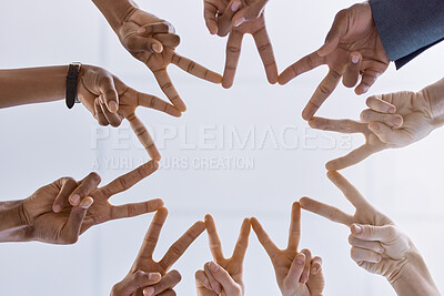 Buy stock photo Peace, teamwork and support or collaboration of business people hands or finger as symbol of their partnership and trust. Diversity, friends and corporate company workers making star working together