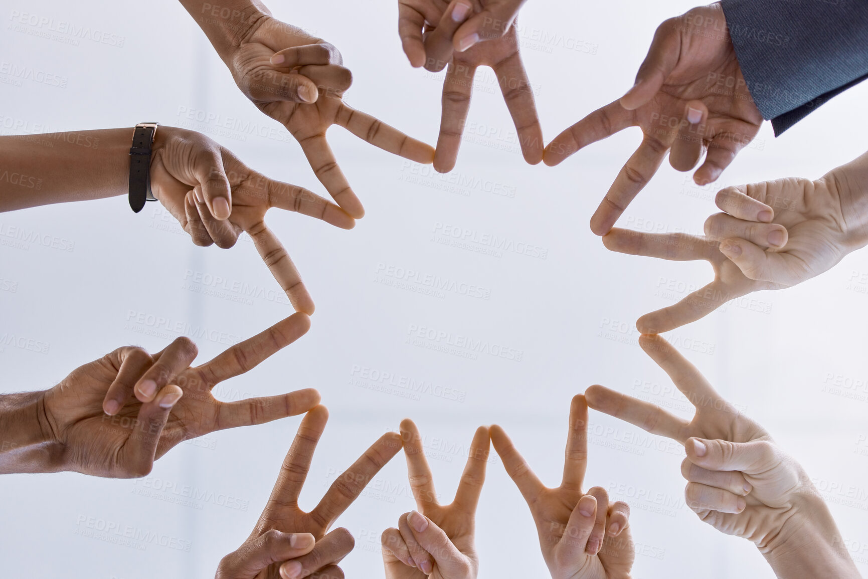 Buy stock photo Peace, teamwork and support or collaboration of business people hands or finger as symbol of their partnership and trust. Diversity, friends and corporate company workers making star working together