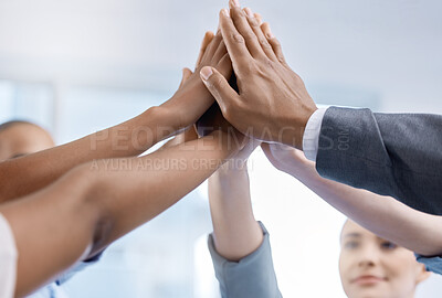 Buy stock photo Hands of corporate team in diversity, partnership and  solidarity for success ,collaboration at office. Group of global business people, business staff or company people on our vision management goal