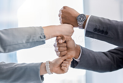 Buy stock photo Teamwork, partnership and support handshake in business with man and woman fists together in office. Corporate company, motivation and successful employees after global development project goals