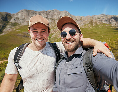 Buy stock photo Selfie of happy hiking men or friends in mountains or nature  on vacation holiday travel in summer or spring together. Portrait of young tourist people smile or smiling on a trekking adventure trip