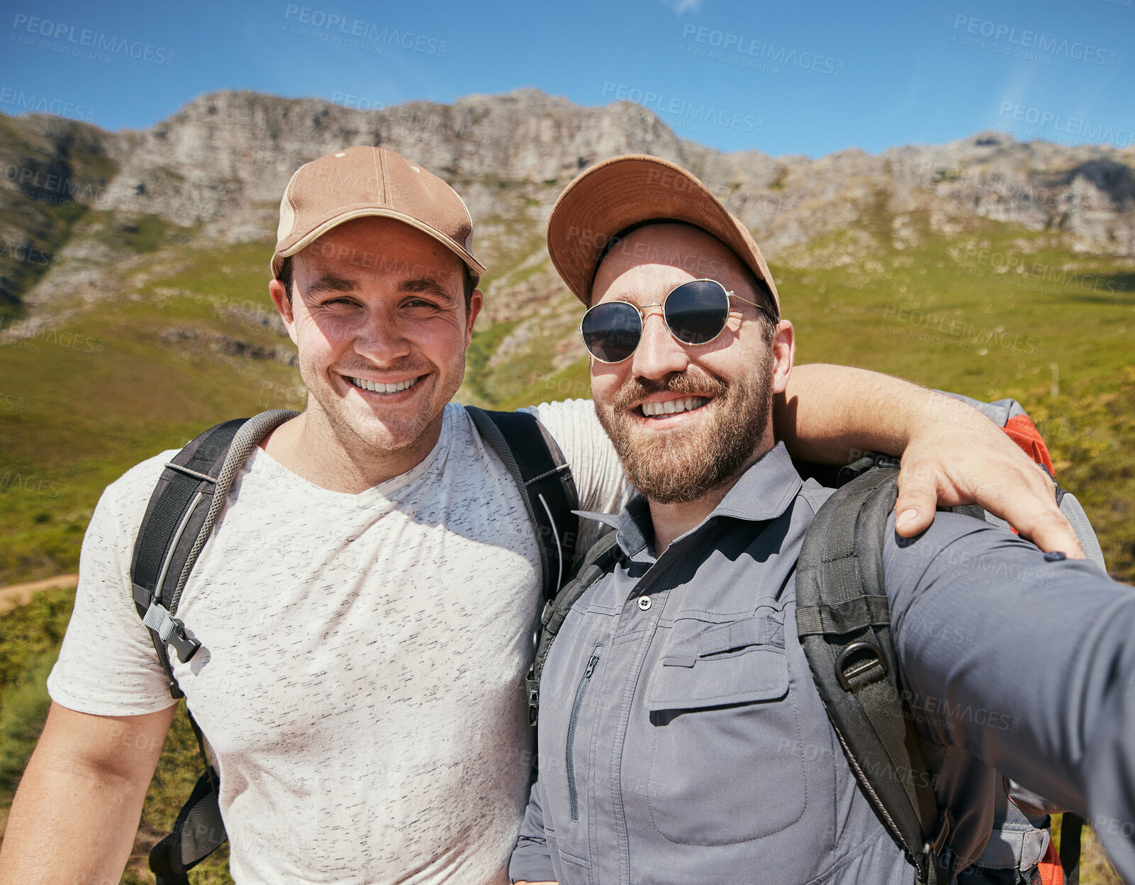 Buy stock photo Selfie of happy hiking men or friends in mountains or nature  on vacation holiday travel in summer or spring together. Portrait of young tourist people smile or smiling on a trekking adventure trip