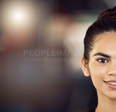Buy stock photo Skincare, skin and face portrait of a woman or model with facial beauty, wellness and skincare with copyspace. Closeup of a eye, smile and happy girl after luxury spa makeup looking at the camera.